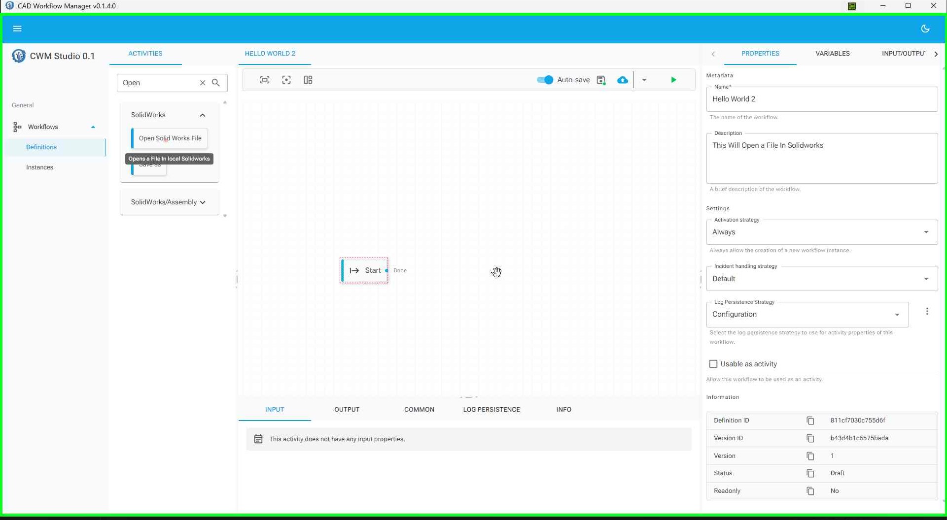 Workflow editor showing the activity browser with Flow category