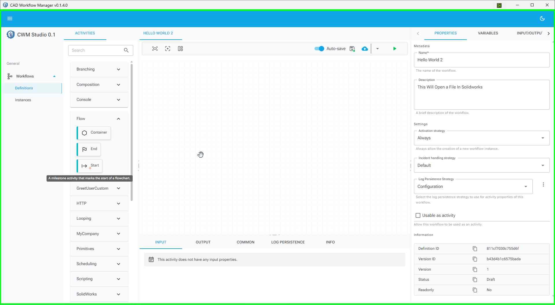 Workflow canvas showing both Start and OpenSolidWorksFile activity nodes