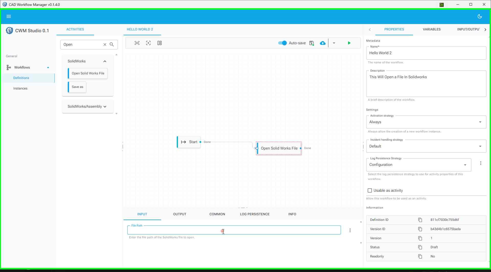 Entering the file path in the FilePath property field