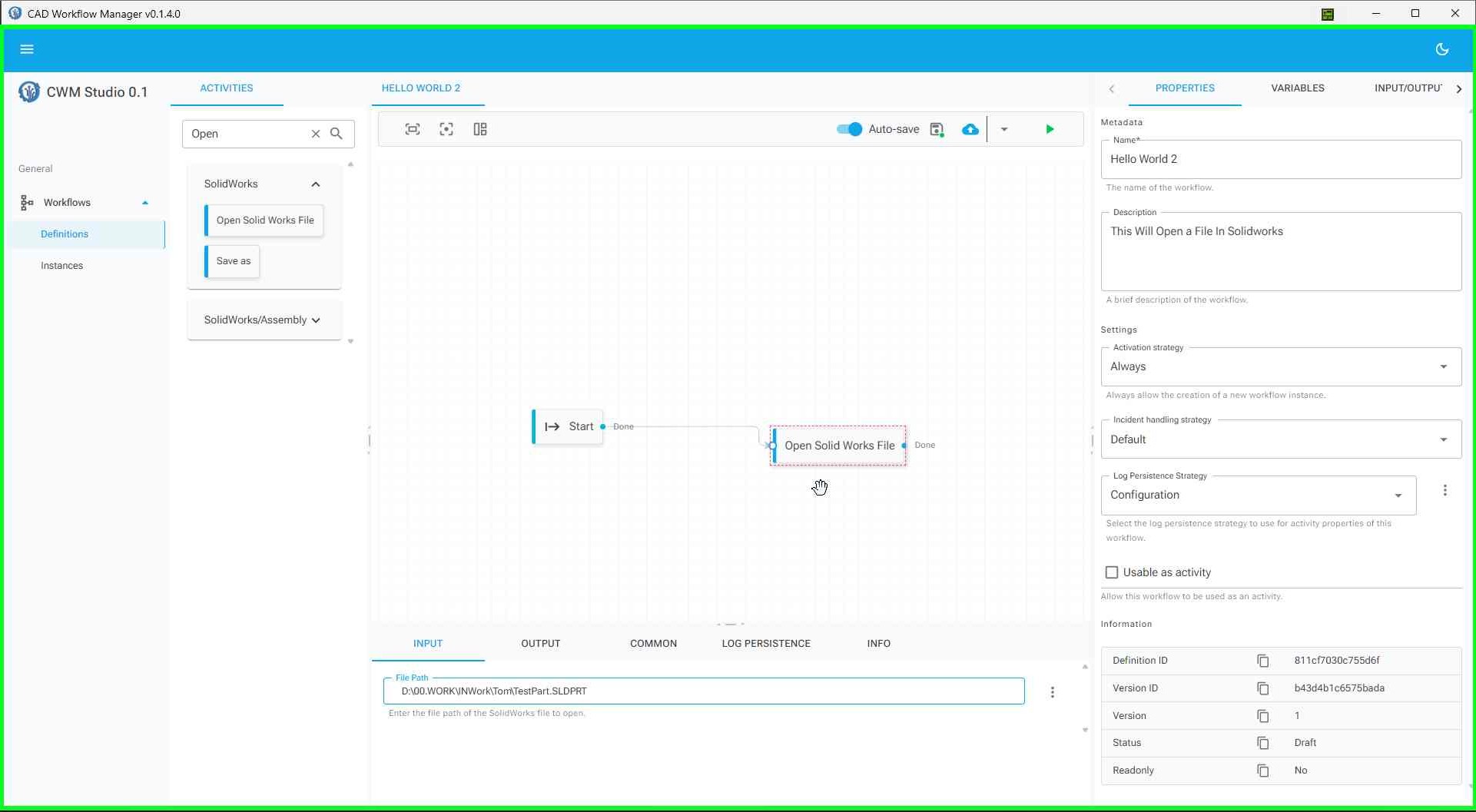File path configured in the activity properties