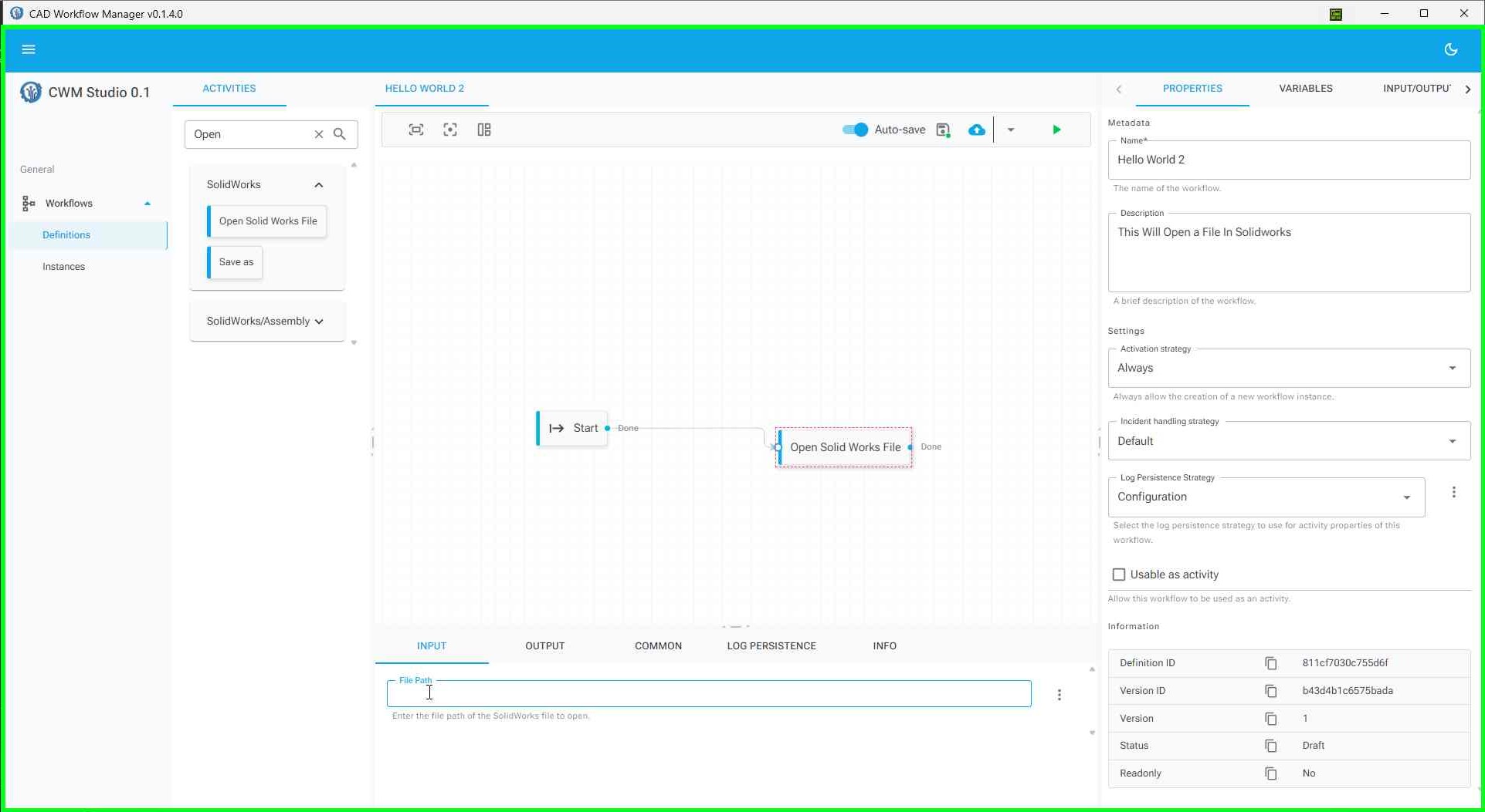 Properties panel showing configuration options for the OpenSolidWorksFile activity
