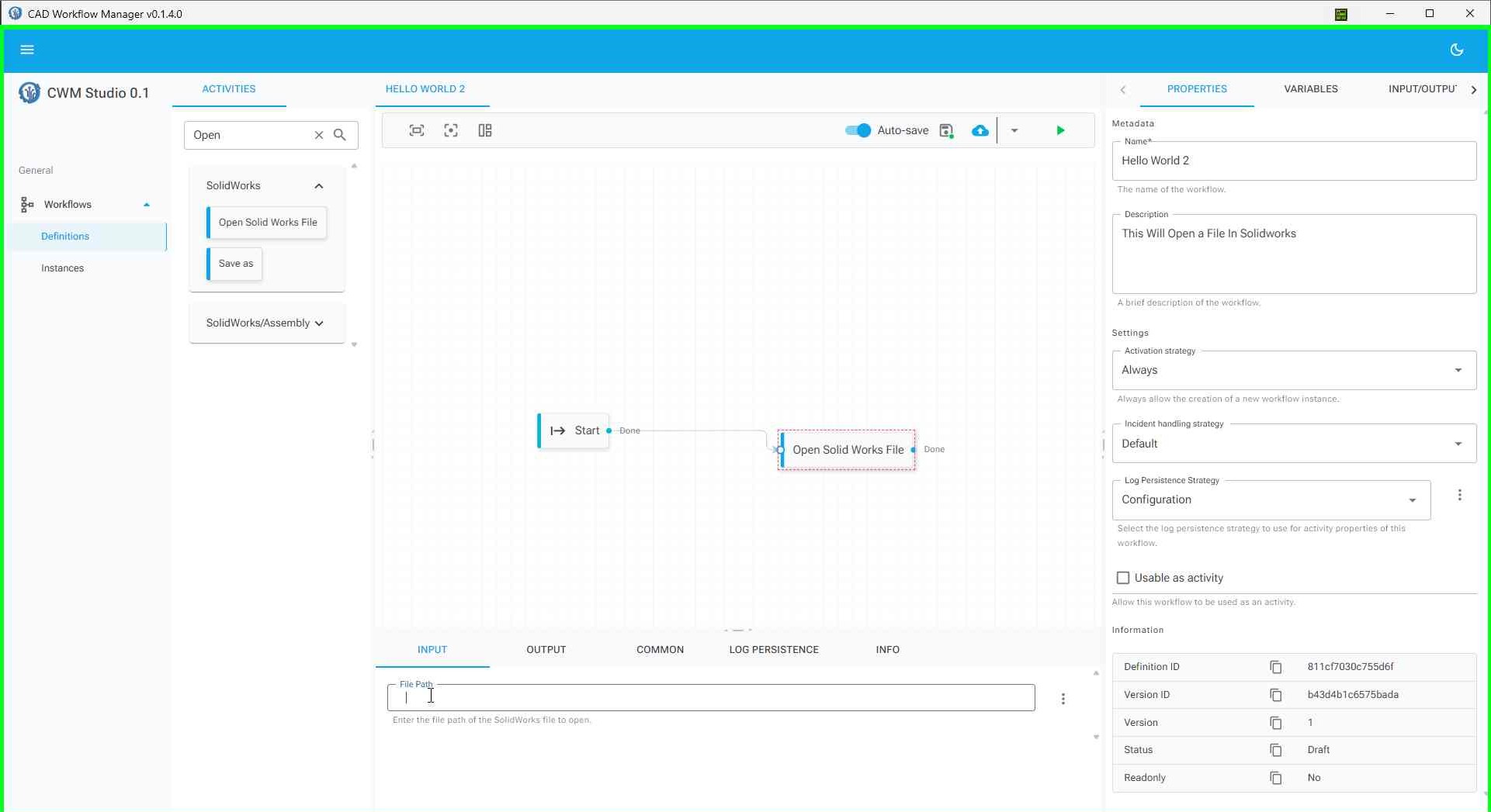 Selecting the OpenSolidWorksFile activity to view its properties
