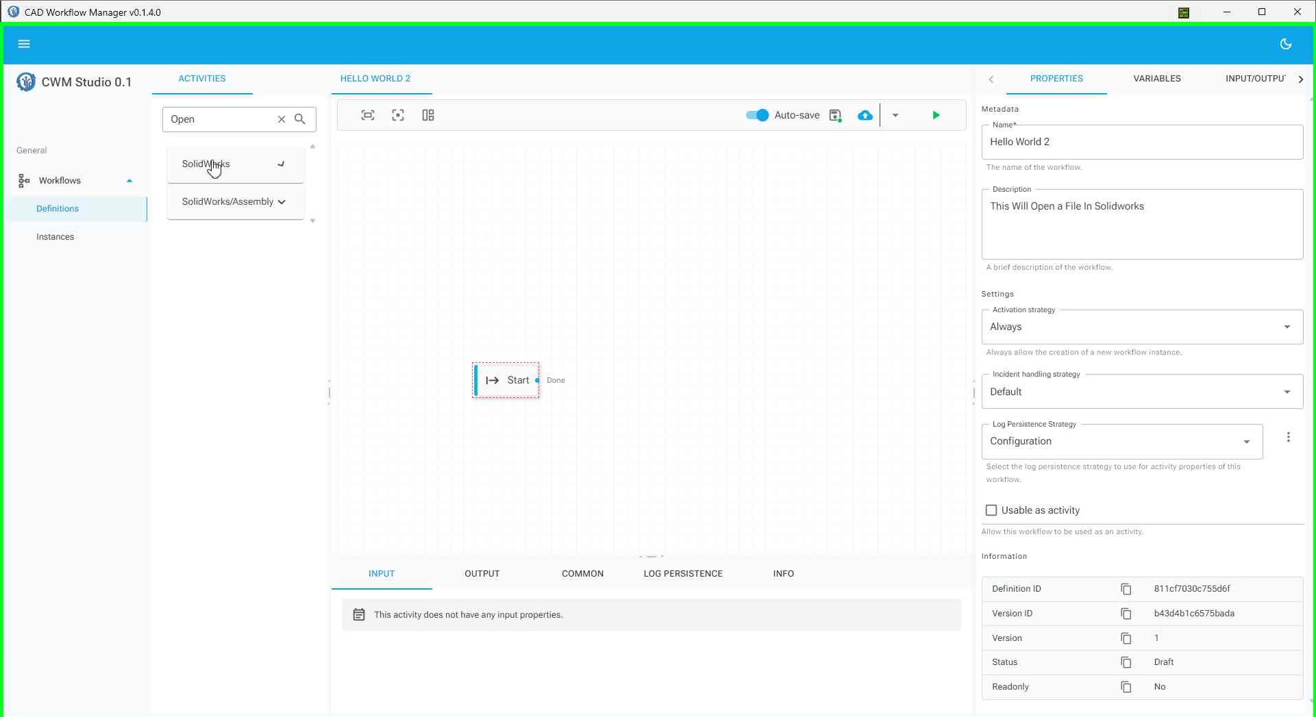 Activity browser showing SolidWorks category expanded