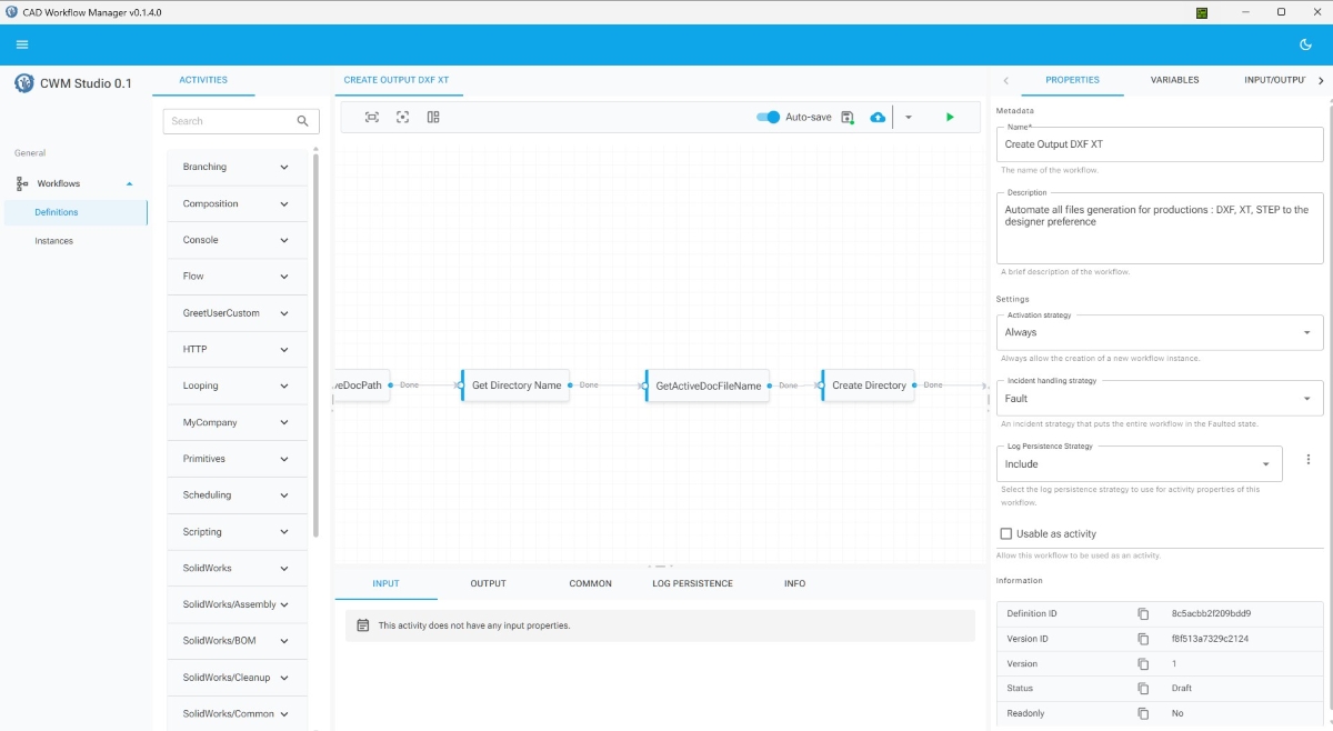 Workflow editor with empty canvas showing the activity browser on the left