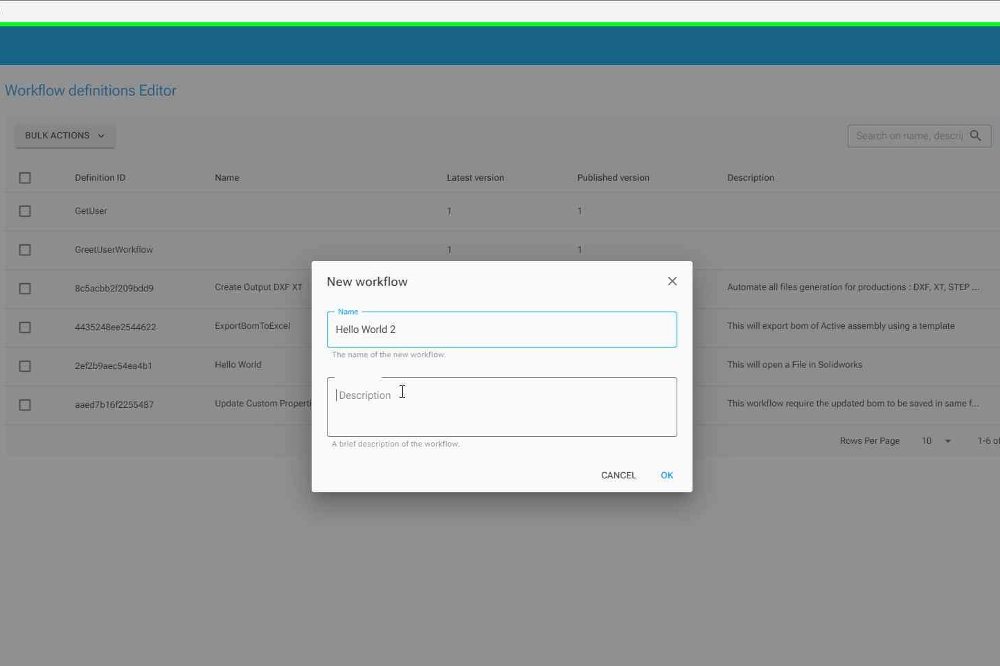Workflow name 'Hello World' entered and saved
